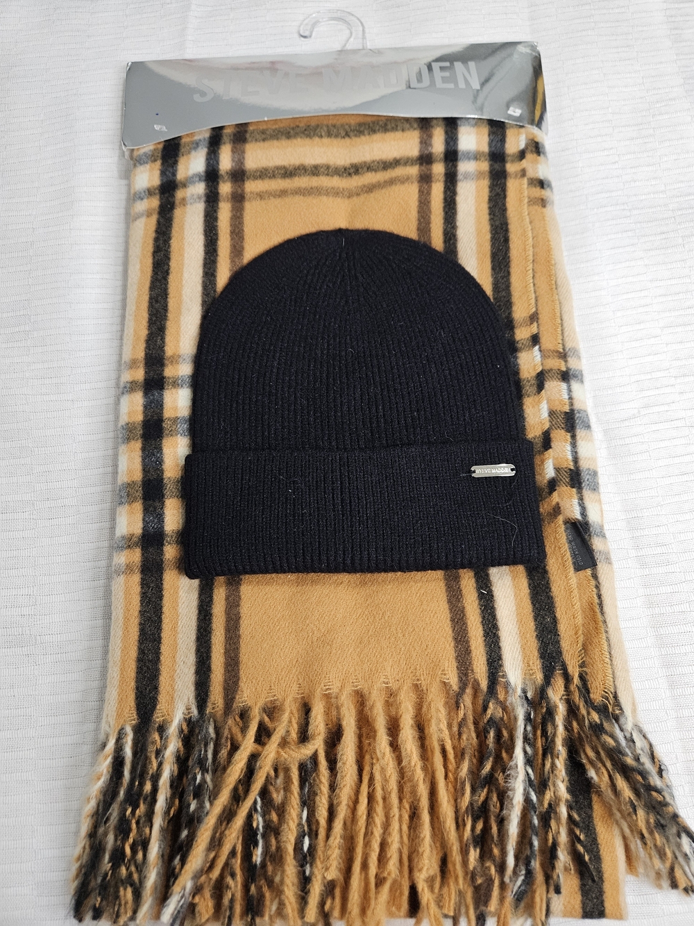 Steve Madden Black Knit Beanie with Camel Plaid Scarf